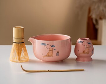 Söt katt Keramisk Matcha Skål Set Japansk Matcha Kit 450ml