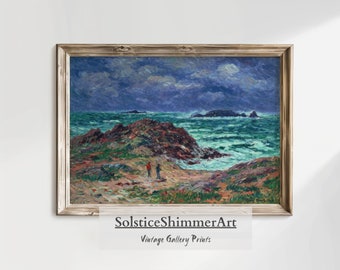 ヴィンテージ ビーチ 油絵 ライブカラー | 青い海の風景 壁飾り | アンティーク シースケープ ウォール アート | 印刷可能なダウンロード #66
