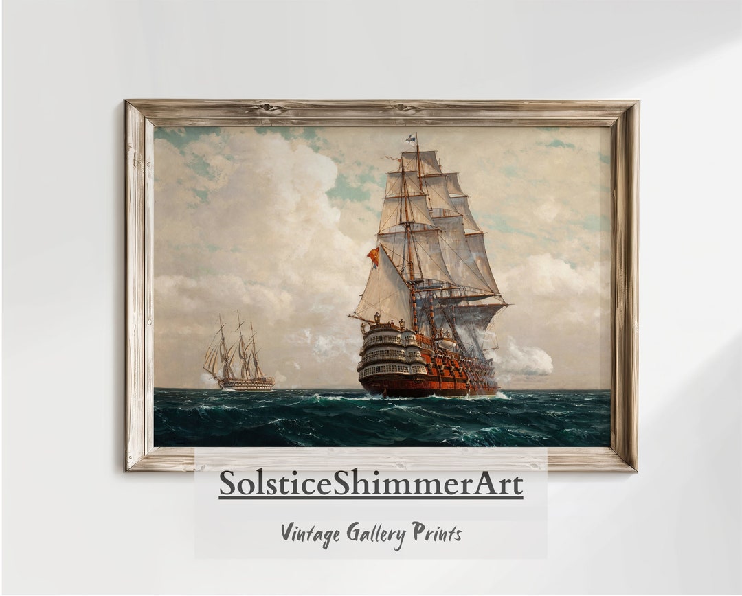 Vintage Oil Painting of a Ship on the Blue Sea | Nautical Seascape Wall ...