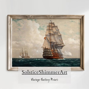 Vintage Oil Painting of a Ship on the Blue Sea | Nautical Seascape Wall Decor | Digital Printable Art