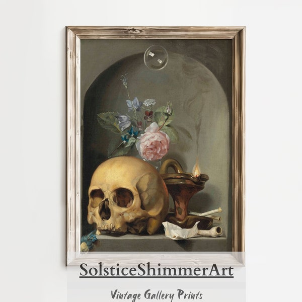 Antique Still Life Vanitas Oil Painting| Vintage Skull Art Print| Dark Aesthtetic Death and Life Art| Dark Academia Art| Moody Skull Decor