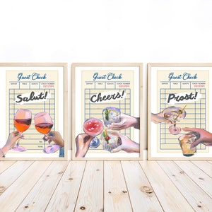 Guest Check Print, Trendy Coctail Wall Art, Guest Check Alcohol Cheers, Salut, Prost, Bar Cart Print, Printable Retro Set of 3, Kitchen Art
