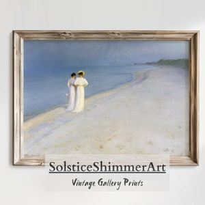 2 Women at the beach Vintage oil painting | Antique Muted Tones Landscape | Moody Muted Seascape | Printable Download #34