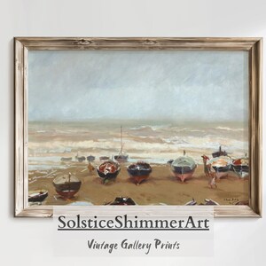 Vintage Oil Painting of Fish Boats on the Seashore | Antique Beach House Decor | Neutral Tones Printable Download #39