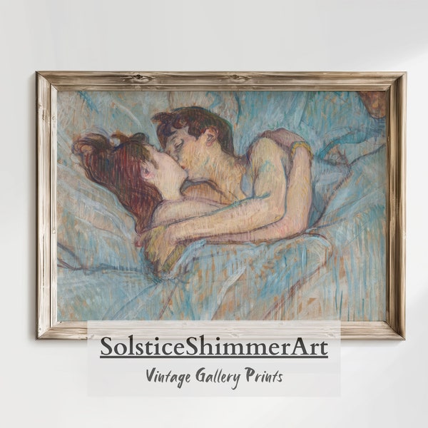 Vintage Painting of Couple Kissing in the Bed | Antique Love Wall Decor | Blue - Gray Tone Printable Download #47