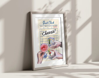 Guest Check Cheers Cocktail Wall Art, Trendy Kitchen Printable Art, Vintage Alcohol Poster, Bar Cart Print, Retro Beverage Guest Check Print