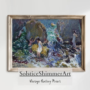 Vintage Painting of Children Playing on the Beach | Antique Beach House Wall Decor | Blue Tones Castal Printable Download #40