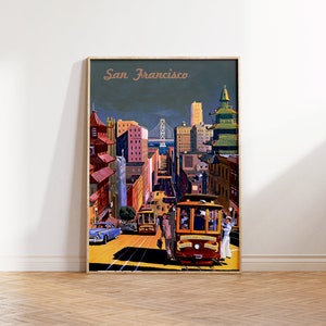 A Vintage Travel Poster of Cloudy Day and Rush Hours in San Francisco, San Francisco Print, San Franscisco Retro City Themed Travel Poster