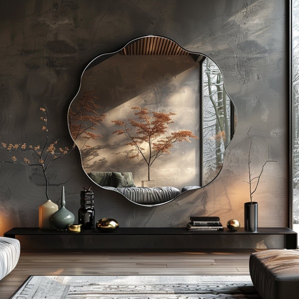 Miroir rond irrégulier - Miroir rond glamour à bords festonnés pour décoration murale de salle de bain, cadeau de mariage élégant