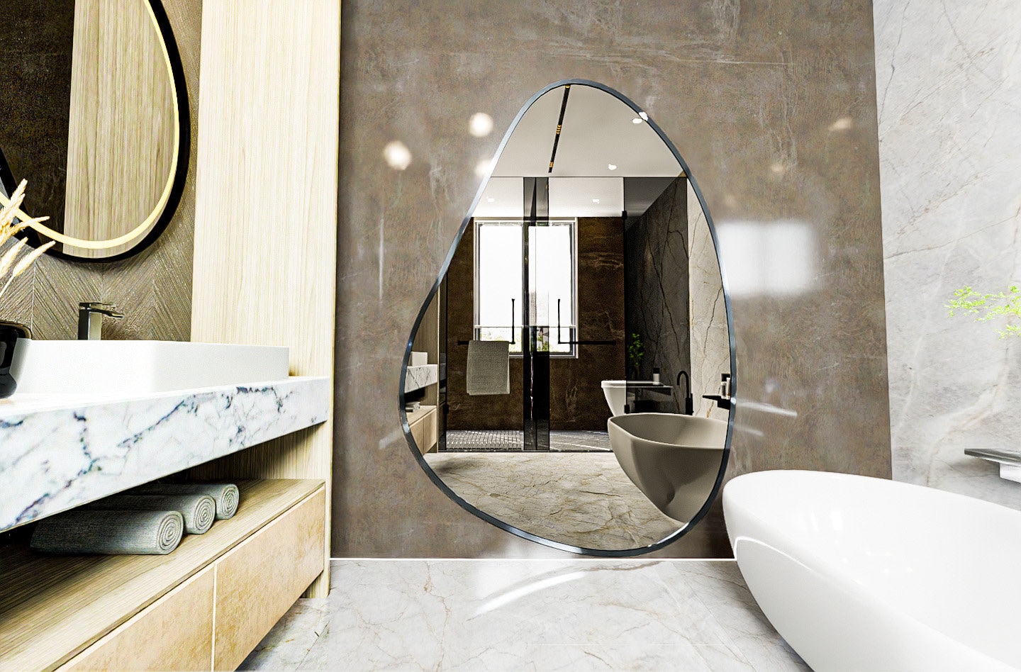 Lux Asymmetrical Mirror, Irregular Shaped Mirror, Full Black Frame Home