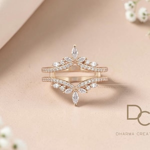 Moissanite Wedding Band Set Chevron Ring, 14K Yellow Gold Finish Enhancer Jacket, Marquise Stackable Bridal Ring, Anniversary Gift for Women