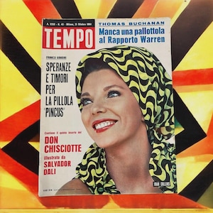 May include: A vintage magazine cover featuring Joan Collins. The cover has the word "TEMPO" in large red letters. The cover also has text in Italian and a colorful abstract background.