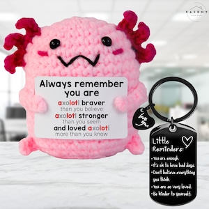 May include: A pink crocheted axolotl plushie holding a sign with the text "Always remember you are axolotl braver..." and a black keychain with "Little Reminders" and a heart symbol. The keychain has a heart-shaped charm.