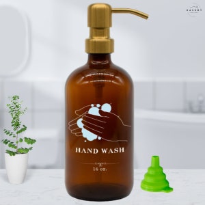 Hand Wash Glass Bottle with Hands Silhouette Color Label. Refillable Soap Dispenser with Rustproof Stainless Steel Pump in Bathroom Kitchen