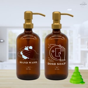 Set Gift for Mom on Housewarming - Set of 2 Glass Bottle Hand Soap And Dish Soap with Waterproof Label - Rustproof Metal Pump & Free Funnel
