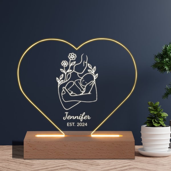 Gift for Mom - Night Light with Mother hugs a baby - Custom Name Mother And child  on Night Lamp - Gift on Birthday, Anniversary for Her