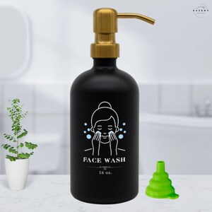 Face Wash Glass Bottle with Hand & Face Silhouette Color Label. Refillable Soap Dispenser with Rustproof Stainless Steel Pump in Bathroom