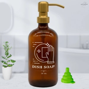 Dish Soap Glass Bottle with Hand & Dish Silhouette Color Label. Refillable Soap Dispenser with Rustproof Stainless Steel Pump in Kitchen