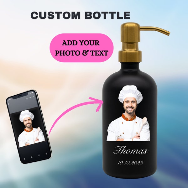 Custom Photo Projection Bottle Soap for Chef-Refillable Bottle for Dish SoapHand Wash on Kitchen Organization Masterchef Gift Male Chef Gift