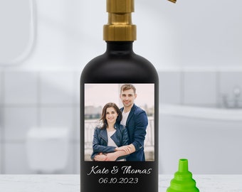 Personalized Photo Gift for Her, Him. Colorful Glass Bottle with Your Own Logo Photo Text. Refillable Soap Dispenser for Bathroom & Kitchen