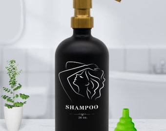 Shampoo Glass Bottle with Lady Silhouette Color Label. Refillable Soap Dispenser with Rustproof Stainless Steel Pump in Bathroom & Kitchen