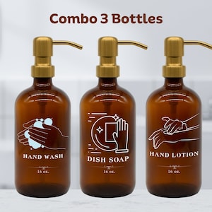Set 3 Glass Bottles Gift for Mom, Wife : Hand Soap, Dish Soap, Hand Lotion - Enhance Bathroom, Kitchen More Elegant - Ideal on Anniversary