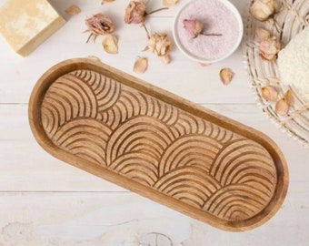 Natural Wooden Tray Non-Slip, Easy Clean - Unique Soap Tray, Bottle Tray, Candles Tray on Bathroom Sink Tray- Gift Idea for Housewarming