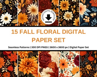 May include: A digital paper set featuring 15 seamless patterns with fall floral designs. The patterns include various flowers, leaves, and branches in shades of orange, red, yellow, and brown. The patterns are 3600 x 3600 pixels and 300 DPI.