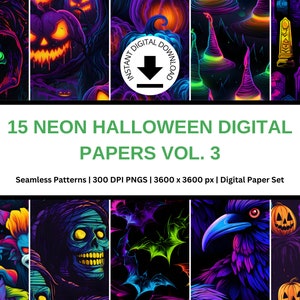 May include: A set of 15 digital papers featuring neon Halloween designs. The designs include a variety of spooky and fun elements, such as pumpkins, ghosts, bats, and witches. The papers are perfect for creating Halloween-themed crafts, decorations, and projects.