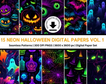 15 Neon Colored Halloween Digital Papers | Seamless Designs | Commercial & Personal Use | Fall Paper | Halloween Patterns | Fall Patterns