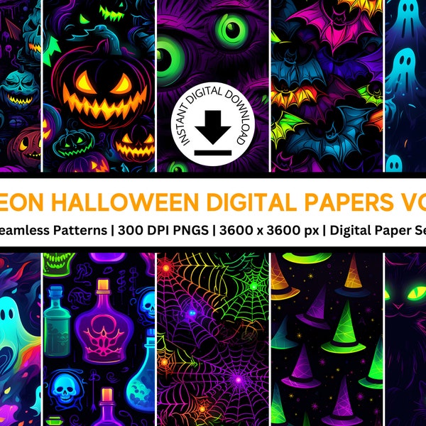 15 papiers numériques Halloween de couleur néon | Conceptions sans couture | Utilisation commerciale et personnelle | Papier d'automne | Motifs d'Halloween | Modèles d'automne