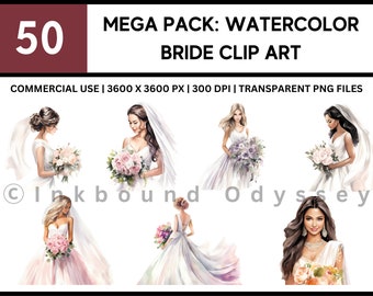 50 Set of Watercolor Bride Clipart | PNG Wedding Bride | Wedding Day Clip Art | Cute Clipart | Graphic Design Elements | Commercial Use