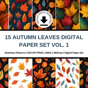 Peut inclure: Un ensemble de papiers numériques comprenant 15 motifs sans couture de feuilles d'automne dans différentes couleurs, notamment le rouge, l'orange, le jaune et le vert. Les motifs mesurent 3600 x 3600 pixels et 300 DPI.