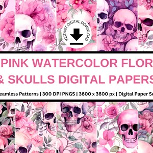 15 Pink Watercolor Floral and Skulls Digital Papers | Pink Skull Background | Floral Pattern | Skull & Flowers Pattern | Digital Paper Set