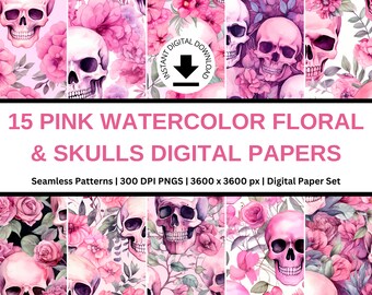15 Pink Watercolor Floral and Skulls Digital Papers | Pink Skull Background | Floral Pattern | Skull & Flowers Pattern | Digital Paper Set