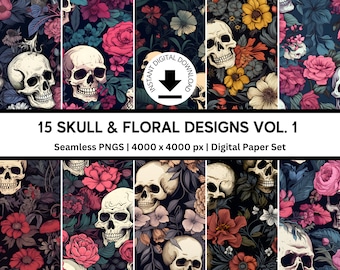 15 Skulls with Flowers Digital Paper Pack | Gothic Patterns | Dark Floral Pattern Digital | Dark Romantic Floral | Digital Paper Pack