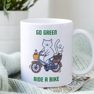Environmental Bicycle Cat Mug, Bike Coffee Cup, Funny Cat Mug, Save The Planet Gift, Green Living, Bike Gift, Kitten Cup, Green Life