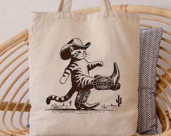 Grappige draagtas westerncowboy kat, leuke retro cowboy kitten draagtas, landelijke draagtas, leuk cowboycadeau, draagtas wilde westen, cadeau kat eigenaar