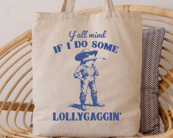 Y'all Mind If I Do Some Lollygaggin' Tote Bag, Funny Vintage Frog Meme Tote Bag, Western Animal Cowboy Tote Bag, Humorous Frog Tote Bags