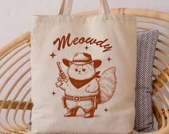 Meowdy draagtas cowboy kat, draagtas grappige retro dieren, draagtas mollige kat, draagtas mollige kat, grappig cowboycadeau, leuke vintage draagtas, draagtas cowboy kitten