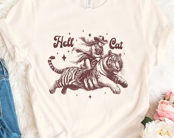 Camiseta vintage vaquera Hell Cat, camiseta vaquera retro del oeste, camiseta estética, camiseta retro de tigre, camiseta vaquera, camiseta vintage de tigre, camiseta del oeste