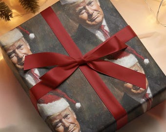 Funny Donald Trump Christmas Portrait Wrapping Paper, Donald Trump With Santa Hat Gift Wrap, Holiday Gag Gift, Funny Xmas Wrapping Papers