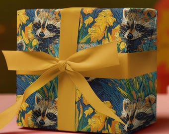 Cute Raccoon Wrapping Papers, Raccoon And Flower Gift Wrap, Animal Wrapping Paper, Large Wrapping Paper Roll, Birthday Wrapping Paper