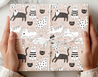 Childish Cats Wrapping Papers, Cat And Plant Gift Wrap, Pet Gift Wrap, Cat Birthday Wrapping Paper For Kids And Cat Lovers, Feline Gift Wrap