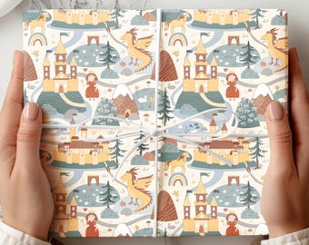 Kids Fairy Tale Wrapping Papers, Cartoon Nursery Gift Wrap, Dragon Gift Wrap, Princess Wrapping Papers For Children, Cute Castle Gift Wrap