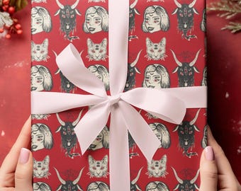 Dark Witchy Wrapping Papers, Gothic Cat And Devil Goat Wrapping Papers, Demon Gift Wrap, Halloween Wrapping Papers, Tattoo Art Gift Wrap