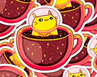 Leuke kawaii kat sticker, sticker kat astronaut, prop cadeau, ruimte koffie sticker, sticker chibi kat, cadeau voor kattenliefhebbers, koffieliefhebber cadeau