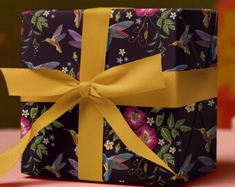 Humming Birds And Wild Roses Wrapping Papers, Floral Bird Wrapping Paper, Embroidery Humming Birds Gift Wrap, Birthday Gift Wrap For Her