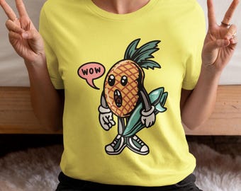 Surfing Pineapple Shirt, Cool Surf T-Shirt, Surf Lover Gift, Wow Tee, Beach Shirt, Gift For Surfers, Beach Fruit Shirt, Cool Surfing Tees