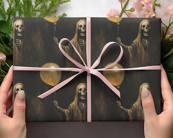 Gothic Grim Reaper Holding Balloon Wrapping Papers, Halloween Skeleton Gift Wrap, Dark Academia Wrapping Papers, Scary Birthday Gift Wraps